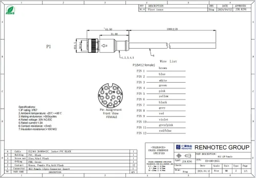 Miniatura 4 de Elecbee Cable M12 A-Code Conector recto de cabeza hembra individual Cable eléctrico de enchufe de aviación (cable de 12 pines 1M/3.3 pies)