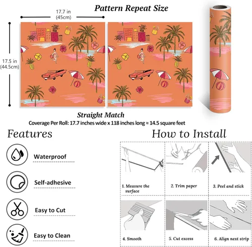 Miniatura 9 de VEELIKE Orange Island - Papel tapiz autoadhesivo para despegar y pegar, dibujado a mano, palmeras de playa de verano, papel tapiz extraíble, 17.7 x