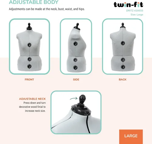 Miniatura 5 de Dritz Maniquí de Vestido Ajustable Twin-Fit Talla Grande, Tallas US 18–22, Maniquí de Costura Femenino con Torso Corporal Sujetable con Alfileres
