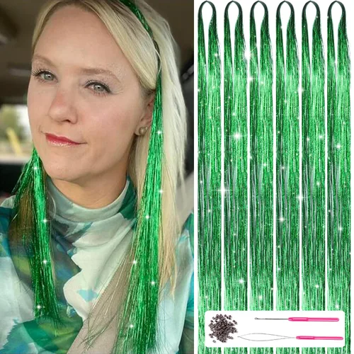Miniatura 17 de Kit de oropel para el cabello con herramientas de 47 pulgadas, 1200 hebras de extensiones de cabello de oropel con purpurina, kit de mechones
