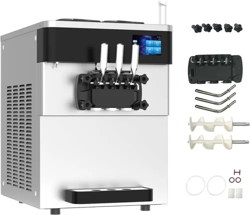 Máquina comercial para hacer helados, 110 V, 2200 W, 3 sabores para encimera, suave, 5,3 a 7,4 galones/H, preenfriamiento, pantalla táctil LCD de