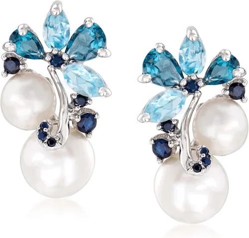 Ross-Simons Pendientes de perlas cultivadas de 0.236-0.335 in y 2,00 qt. t. t. t. de topacio azul cielo y topacio azul Londres con zafiros de 10 qt.