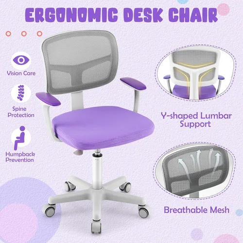 Miniatura 6 de Silla de escritorio para niños, silla ergonómica giratoria para estudio con soporte lumbar, malla transpirable y ruedas universales, silla de Violeta