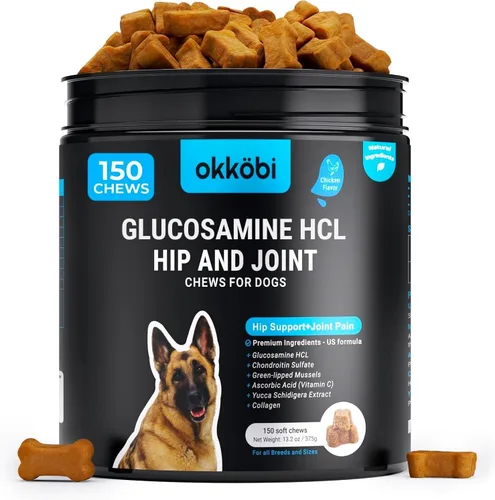 Glucosamina HCL y suplemento de cadera y articulaciones para perros – 150 piezas – Masticables de cadera y articulaciones para perros – Fórmula