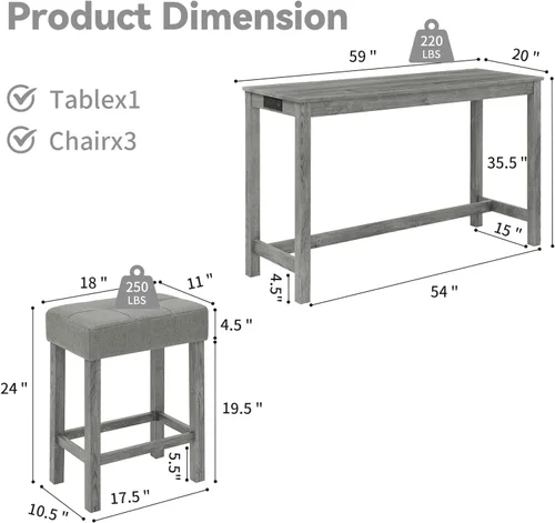 Miniatura 2 de Juego de mesa de bar industrial de 59" de 4 piezas con toma de corriente incorporada, mesa de sofá detrás del sofá con 3 taburetes tapizados