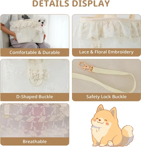 Miniatura 3 de ONECUTE Transportador para perros pequeños, conejos, gatos con diseño de encaje, bolsa de algodón, transportador para perros de lado suave, plegable