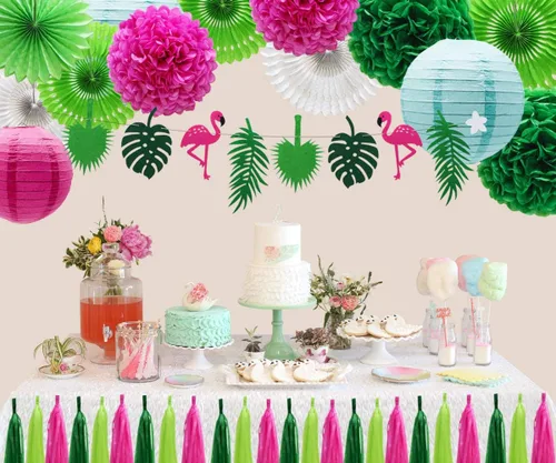 Miniatura 3 de Juego de 29 piezas de decoración de fiesta de hojas de palmera de flamenco tropical, abanicos de papel, pompones y linternas para Luau hawaiano