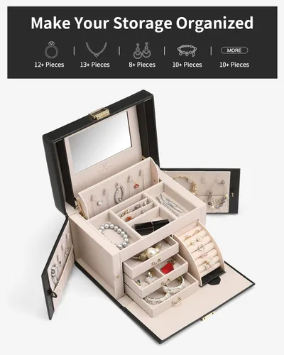 Miniatura 12 de Vlando Joyero de piel sintética, organizador mediano de joyería, regalo vintage para mujer, patrón de cruz rosa