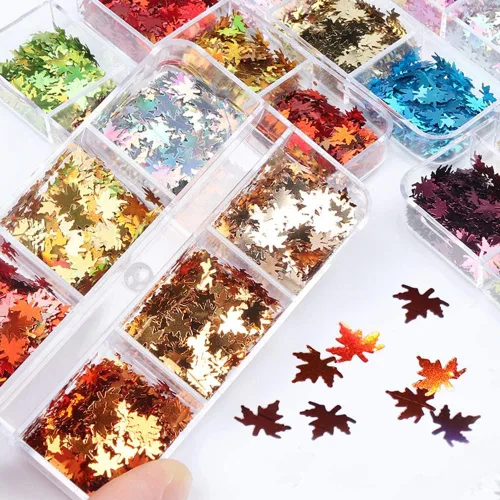 Miniatura 3 de Juego de manicura con diseño de hojas de arce, con purpurina, holográfica, para otoño, con lentejuelas, para otoño, Acción de Gracias, decoración