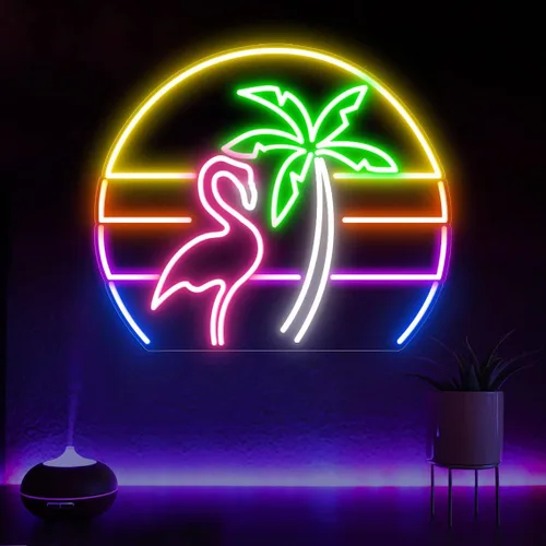 Miniatura 4 de Letrero de neón de flamenco con palmera de neón (15 x 13 pulgadas), letrero de luz de neón de onda vaporosa para decoración de pared, tropical, Tiki