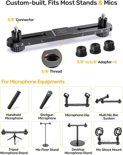 Miniatura 5 de Barra de micrófono estéreo, barra de montaje de micrófono doble ajustable, soporte de micrófono doble universal para soporte, barra de micrófono