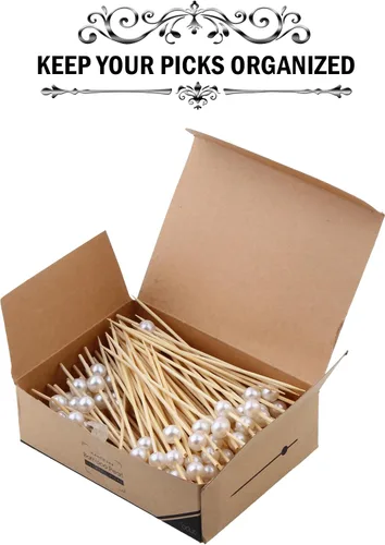 Miniatura 5 de Púas de bambú para cócteles, palillos de dientes, 120 unidades, 4.75 pulgadas, color blanco perlado de madera con volantes para aperitivo, Martini