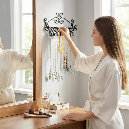 Miniatura 2 de Estante Montado en la pared diseño de espirales de metal negros de almacenamiento de cosméticos c/20 Collares para colgar – MyGift