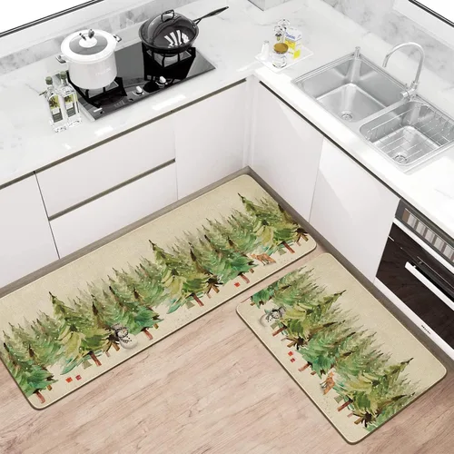 Miniatura 2 de Juego de 2 alfombras y tapetes de cocina de Feliz Navidad, zorro de los pinos, bosque nevado, ciervos, copos de nieve, vacaciones de invierno