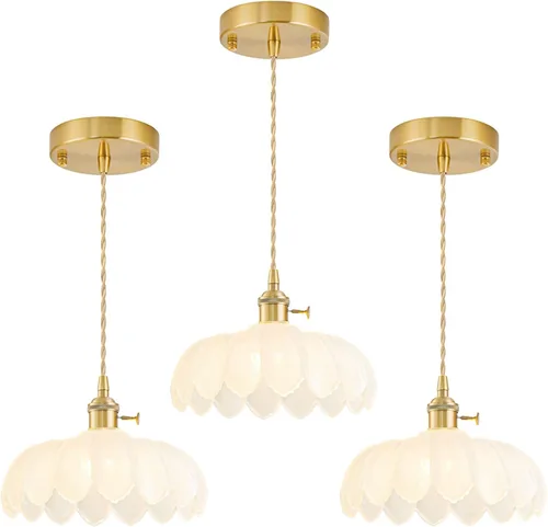 Miniatura 44 de Lámparas colgantes enchufables, lámpara colgante de cristal vintage, mini lámpara colgante de tulipán blanco leche, iluminación colgante para isla