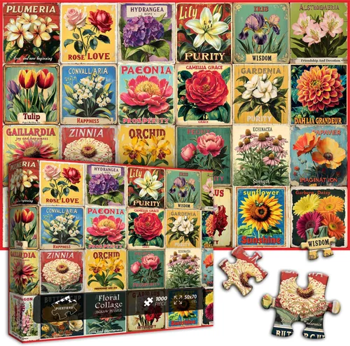 Miniatura 2 de Rompecabezas vintage de flores para adultos de 1000 piezas, rompecabezas de arte único y hermoso collage floral, con temática de plantas