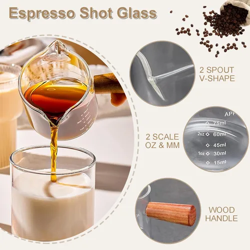 Miniatura 4 de Tazas medidoras de espresso con asa, vaso de chupito de espresso de 2.5 onzas, accesorios de barista, tazas pequeñas de vidrio de borosilicato