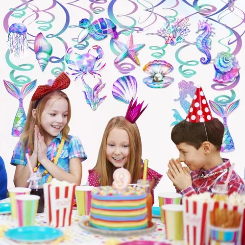 Miniatura 3 de 30 piezas de remolinos colgantes de sirena, decoraciones de fiesta de sirenas, suministros de fiesta de sirenas para niñas, serpentinas de techo