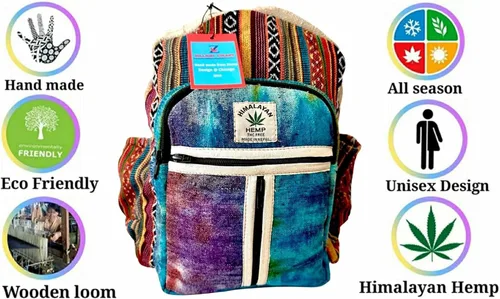 Miniatura 4 de Zillion Craft Mini mochila de cáñamo multicolor 100% natural. Mochila delgada y duradera con cremallera YKK más fuerte. Bolsa de lona Sylish