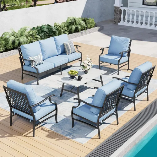 Miniatura 27 de SUNSHINE VALLEY Juego de muebles de patio al aire libre de 7 piezas, moderno juego de conversación de patio exterior con cojín extra grueso de 5.75