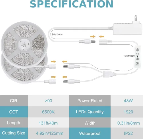 Miniatura 6 de Wefomey Tira de luces LED blancas, tira de luces LED regulables de 24 V de 131 pies, 6500 K, luz blanca brillante, cinta de luces flexibles