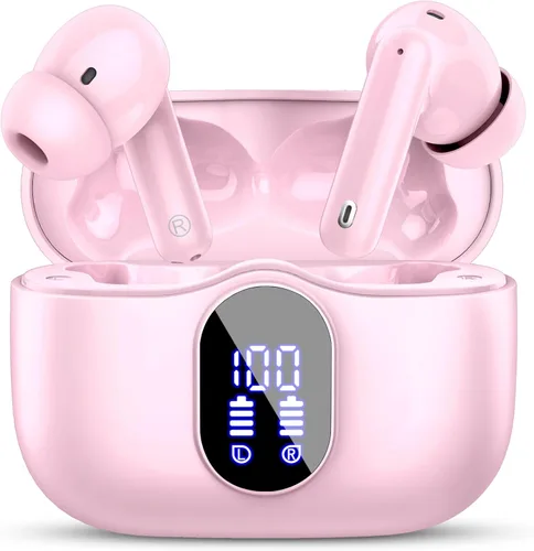 Miniatura 14 de Auriculares inalámbricos, Bluetooth 5.4, auriculares estéreo con graves y micrófono con cancelación de ruido, pantalla LED en el oído, llamadas Oro