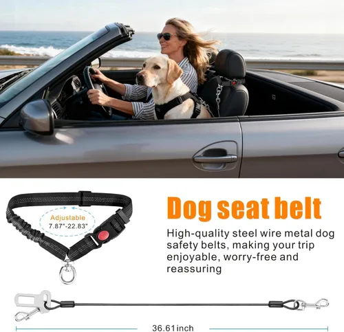 Miniatura 4 de Idepet Cinturón de seguridad para perro para automóvil, 2 piezas de cinturón de seguridad de perro de acero inoxidable a prueba de mordidas, arnés 3