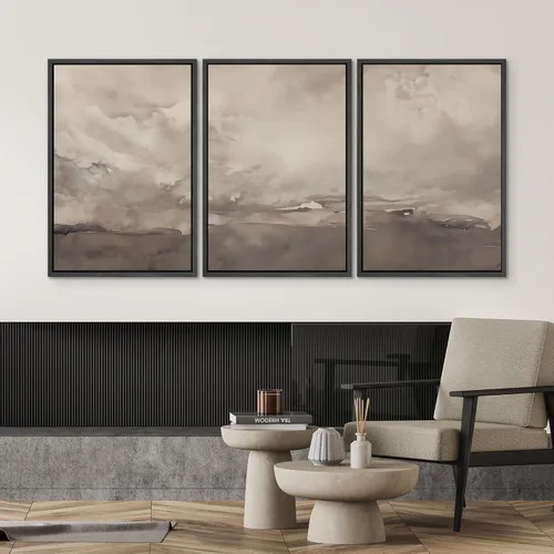 Miniatura 632 de SIGNWIN Lienzo enmarcado para pared, arte con pinceladas de flujo neutro en tonos beige abstractos, ilustraciones, arte moderno, decorativo
