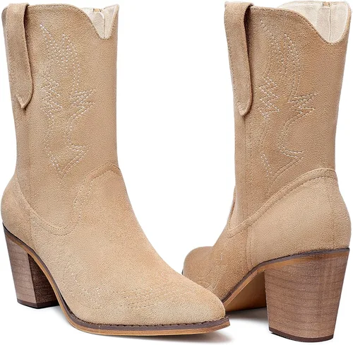Miniatura 4 de SHIBEVER Botas vaqueras para mujer, de pantorrilla ancha, con bordado occidental, botas vaqueras con puntera puntiaguda