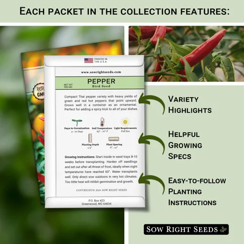 Miniatura 2 de Sow Right Seeds - Colección de semillas de pimiento picante para plantar - Incluye habanero naranja, serrano, tailandés, cayena, tabasco, bonete