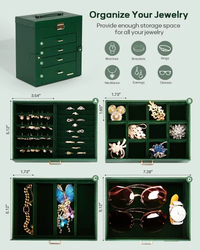 Miniatura 30 de Homde Regalos de Navidad de cuero sintético, enorme joyero, organizador de reloj con espejo, collar, anillo y aretes, estuche de regalo con Dorado