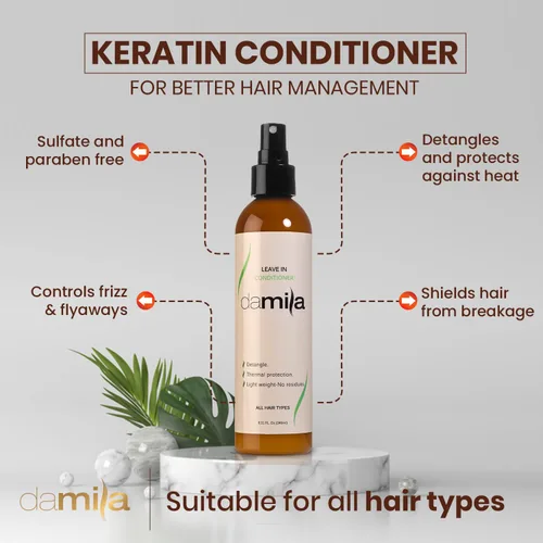 Miniatura 5 de damila Acondicionador de queratina sin enjuague para cabello fino, seco, dañado y rizado, desenreda y protege contra el calor, extiende tu
