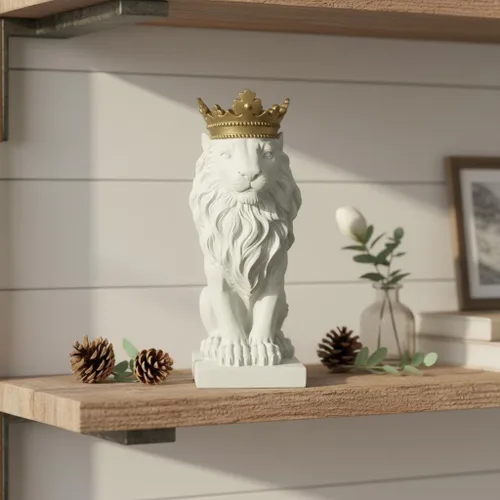 Miniatura 7 de Comfy Hour Estatua de león grande de 16 pulgadas con corona dorada, figura decorativa blanca felina para estante de oficina en casa, escultura