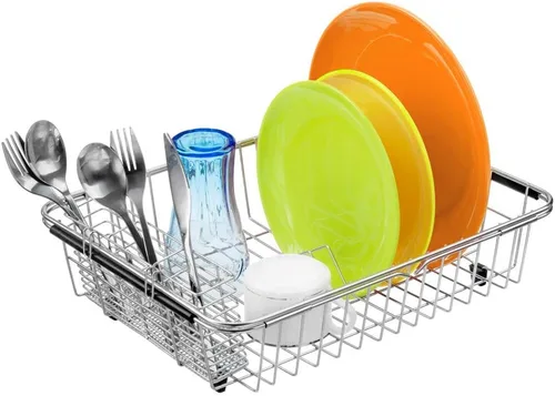 Miniatura 5 de SANNO Escurridor de platos con soporte para utensilios de acero inoxidable, escurridor grande para platos, estante expandible para fregadero o sobre