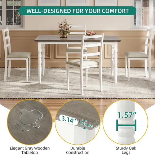 Miniatura 3 de YITAHOME Juego de mesa de comedor de 5 piezas para 4, mesa de comedor de granja con sillas tapizadas de piel sintética, juego de mesa rectangular