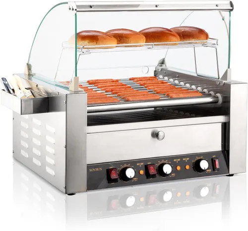 ROVSUN 30 Hot Dog 11 rodillos, calentador de rodillos para perros calientes con calentador de bollos, cubierta, control de temperatura doble, luz
