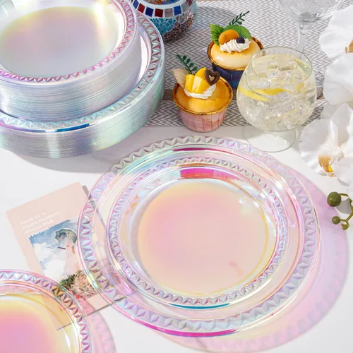 Miniatura 7 de Supernal 120 platos de plástico iridiscente brillante, platos desechables para fiestas, día de San Valentín, día de la madre y Pascua, platos