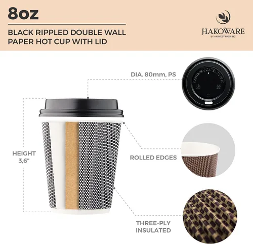 Miniatura 2 de Harvest Pack - Paquete de 100 tazas de café aisladas de 8 onzas con tapas, tazas calientes de papel ondulado de doble pared, diseño geométrico Negro