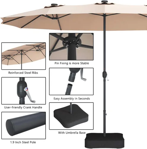 Miniatura 6 de Tangkula Sombrilla solar de patio de 15 pies con base, sombrilla individual extragrande de doble cara para exteriores con 36 luces LED y manivela