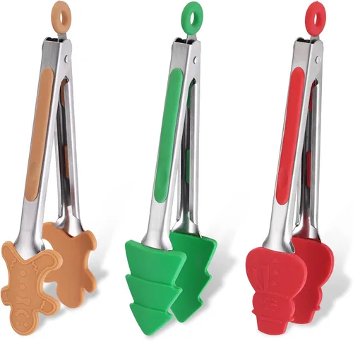 Miniatura 8 de Juego de 3 pinzas de silicona navideñas de 7 pulgadas para cocinar, juego de festival infantil