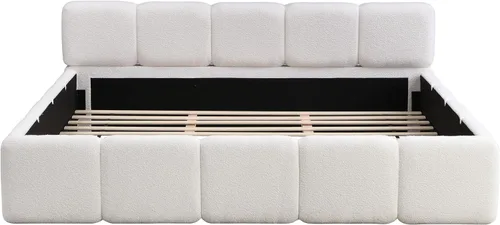 Miniatura 6 de Merax Cama de plataforma Boucle tamaño King con cabecero y estribo gruesos, marco de cama tapizado estilo bloque, color blanco