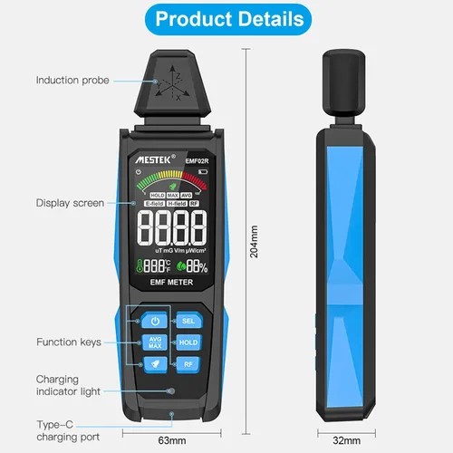 Miniatura 2 de AceFox Detector de EMF para Detectar EF RF MF, Pantalla LCD Digital, Mide uT mG/V/m pW/cm², Medidor de EMF Recargable 3-en-1 para Inspecciones