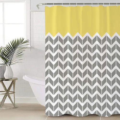 Cortina de ducha, diseño de rayas onduladas, patrón geométrico, gris, amarillo, repelente al agua, tela de poliéster, cortinas de baño con ganchos