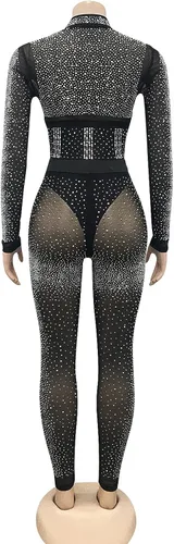 Miniatura 5 de Conjunto de 2 piezas sexy de malla con diamantes de imitación para mujer pantalones ajustados para fiesta club conjunto deportivo