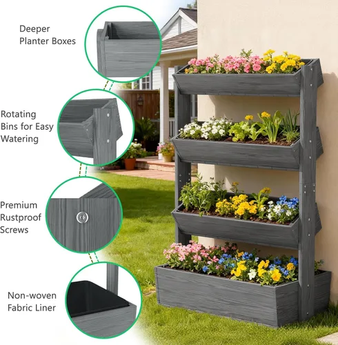 Miniatura 4 de DoCred Cama de jardín vertical elevada de madera, 4 niveles mejorados, soporte de madera independiente para plantas, hierbas, flores, verduras