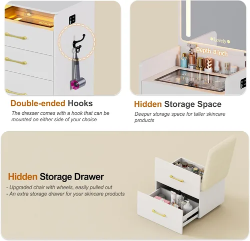 Miniatura 7 de Lvifur Escritorio de tocador 3 en 1 con espejo abatible y luces, tocador compacto con parte superior de vidrio con 3 cajones y taburete rodante