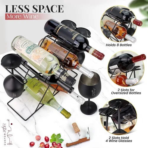 Miniatura 4 de Gusto Nostro Estantes de vino pequeños para 8 botellas y 4 vasos, estante de vino para encimera con soporte para vidrio, moderno estante de vino