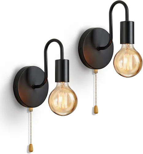 Miniatura 10 de Aplique de Pared Negro con Cadena de Tirar con Interruptor Luces de Pared Vintage E26 Lámpara de Pared Industrial Iluminación de Pared Retro
