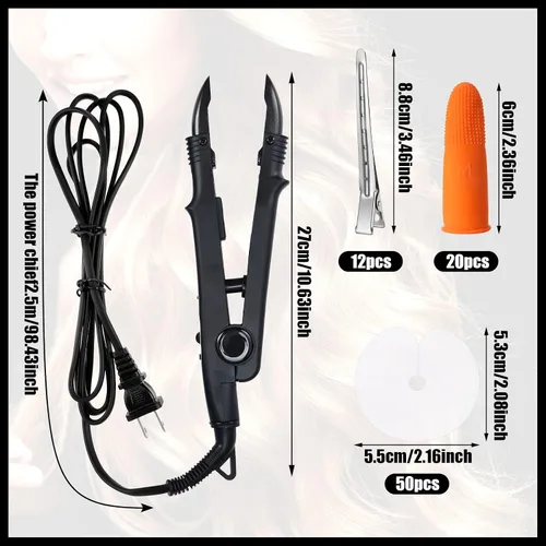 Miniatura 2 de Kit de extensión de cabello de queratina: plancha térmica, gránulos de pegamento de queratina, plantillas protectoras, pinzas para el cabello y Negro