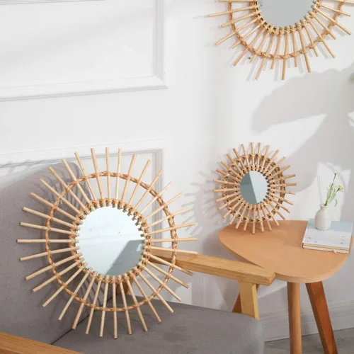 Miniatura 3 de OYPEIP Decoración de cristal colgante de ratán natural pequeño de 12 pulgadas, diseño rústico hecho a mano, innovador espejo de maquillaje redondo